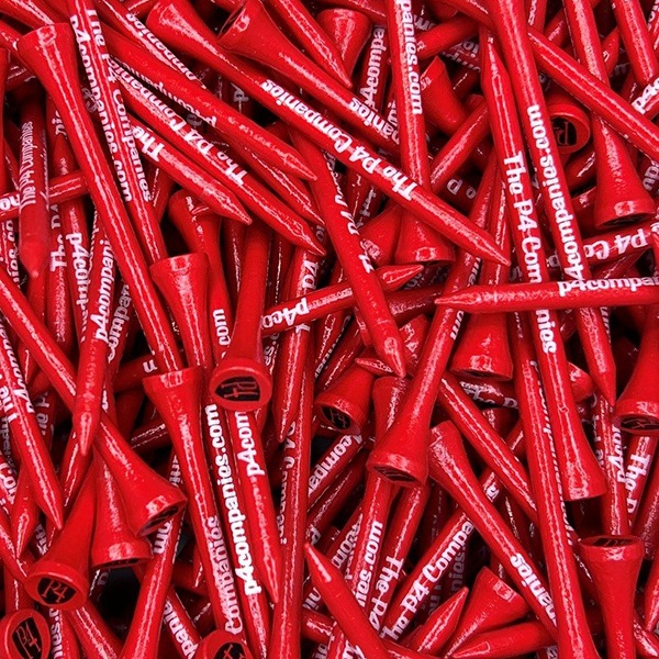 Red personalized golf tees printed with company branding