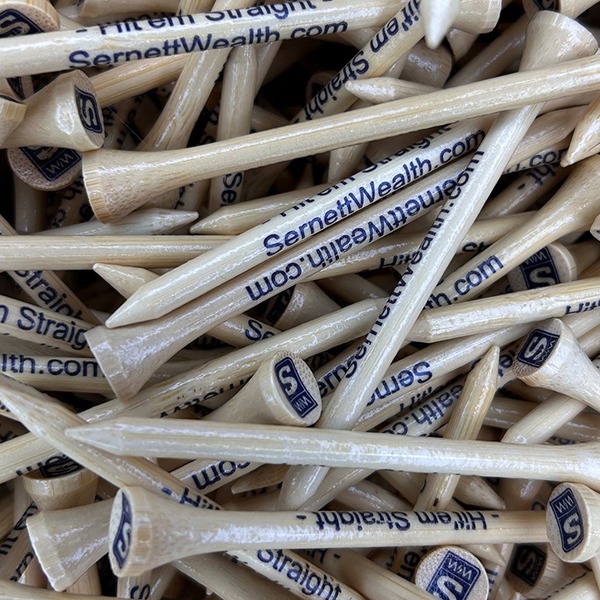 Wooden personalized golf tees printed with company branding