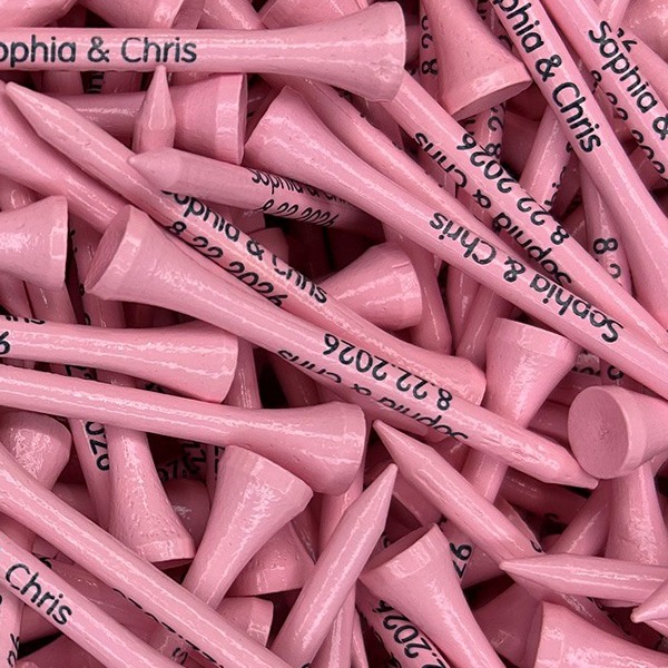 Pink personalized golf tees printed with a couples name for a celebration
