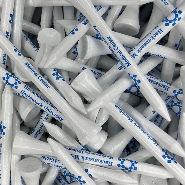 White wholesale golf tees printed with company branding