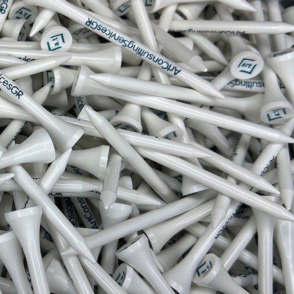 White custom golf tees printed with company branding