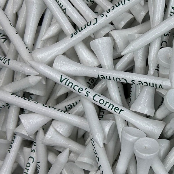 White wholesale golf tees printed with company branding