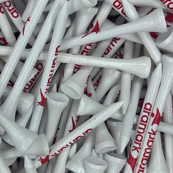 White Custom golf tees printed with red company branding