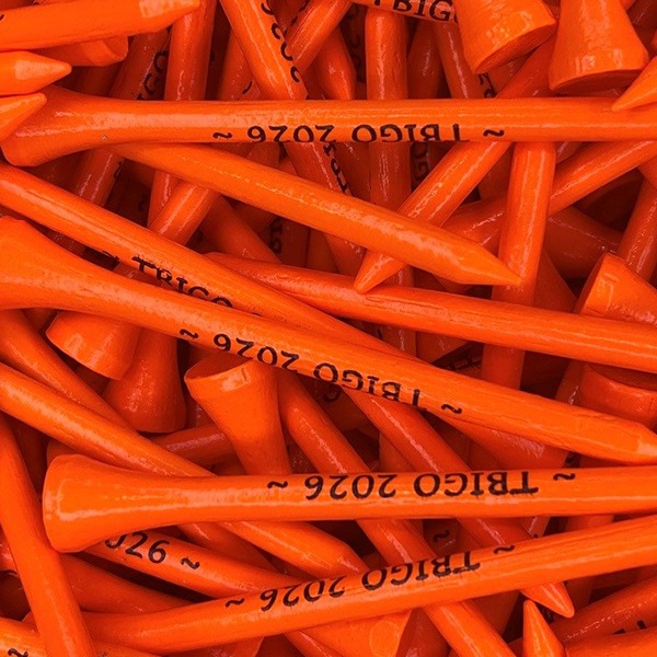 Orange branded bulk golf tees printed with company branding