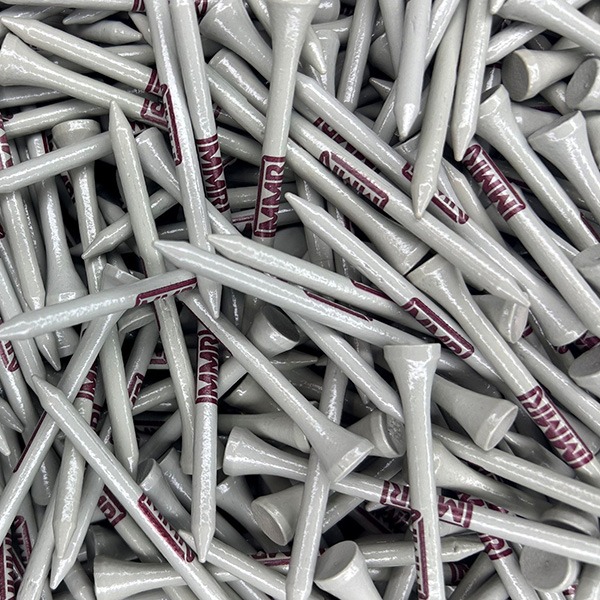 Silver custom golf tees printed with burgundy company branding
