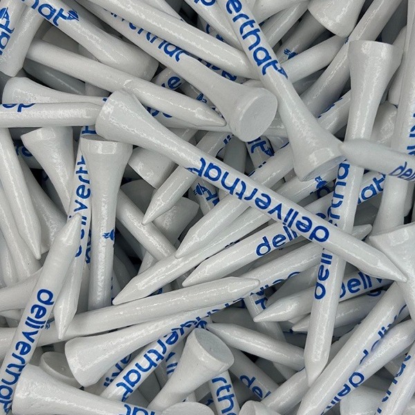 White wholesale golf tees printed with company branding