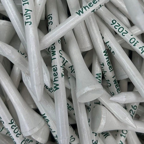 White wholesale golf tees printed with a celebration tag