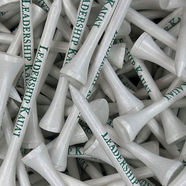 White wholesale golf tees printed with company branding