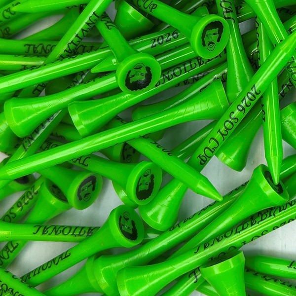 Lime Green Custom logo golf tees printed with a fun celebration tournament
