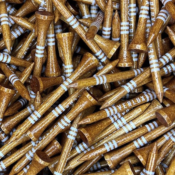 Natural wood personalized golf tees with white stripes and lettering