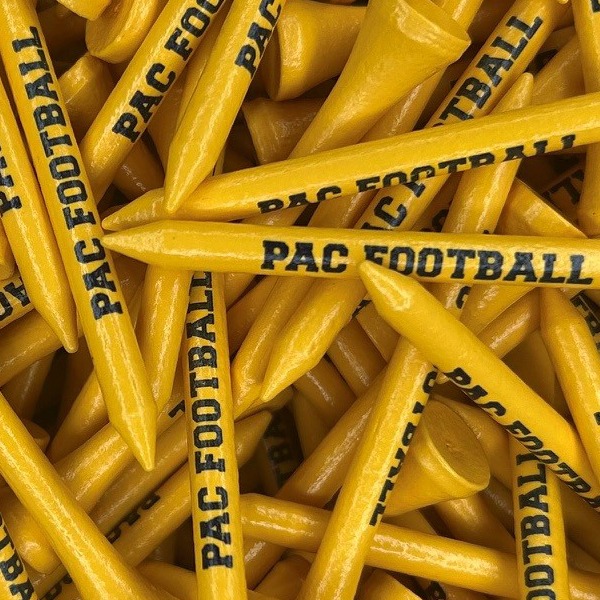 Yellow wholesale golf tees printed with a school name