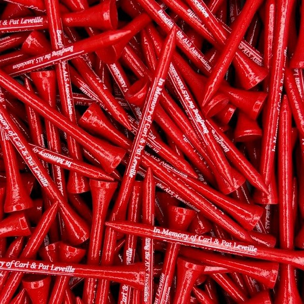 Red Custom golf tees printed with company branding