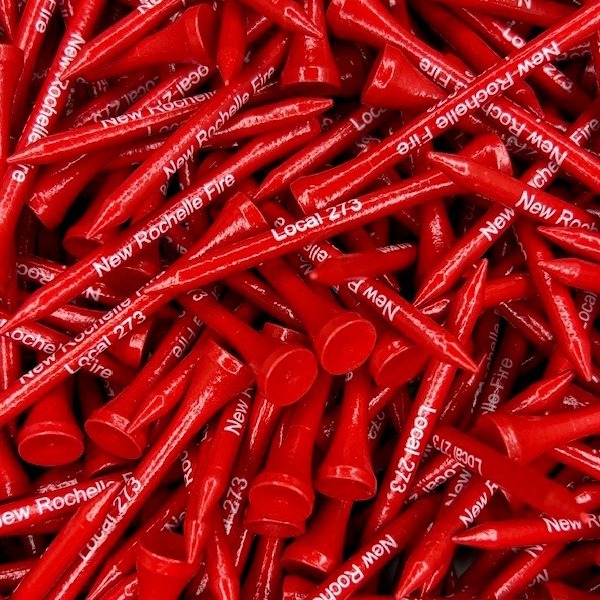 Red wholesale golf tees printed with company branding