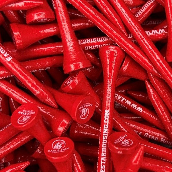 Red Custom golf tees printed with company branding