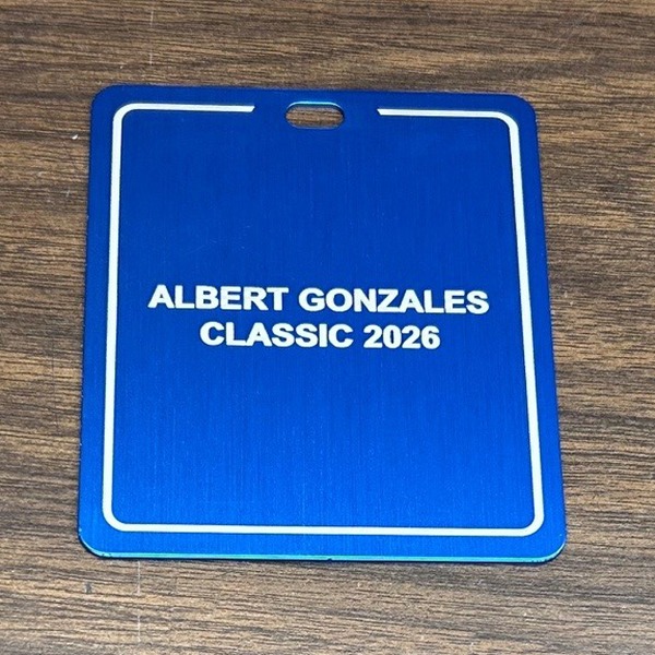 Blue custom golf bag tag engraved for a golf tournament