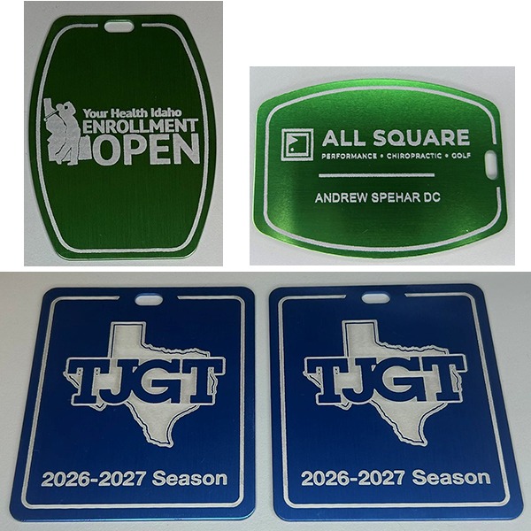 Green and blue custom golf bag tags with company logos
