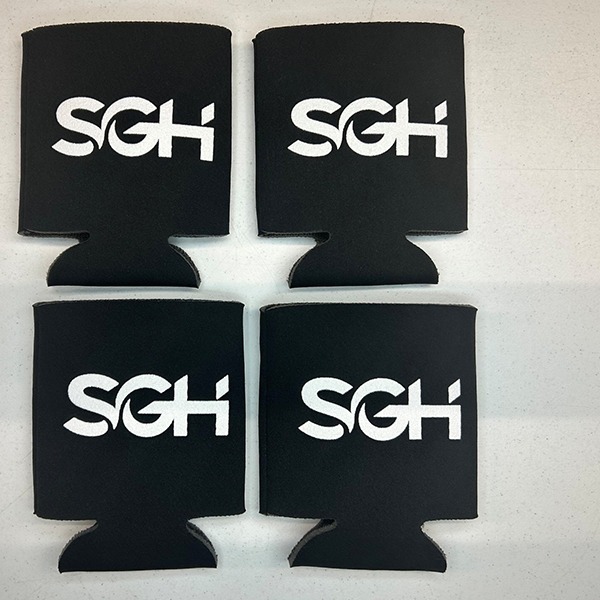 Black custom can koozies printed with a white logo