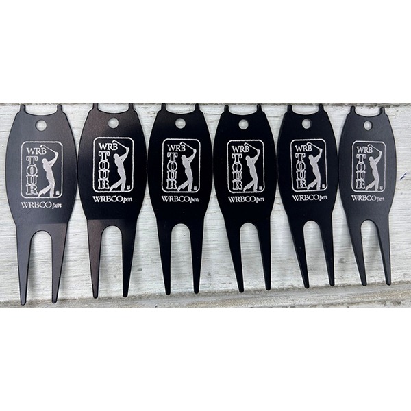 Black personalized divot tools with a white logo