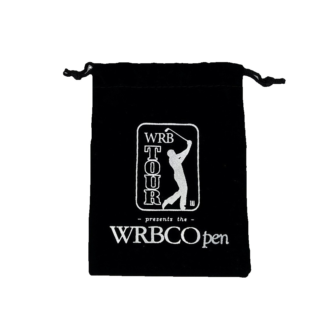 Black custom drawstring golf bag with a white logo