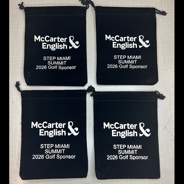 Black custom drawstring bags printed for a golf sponsor event