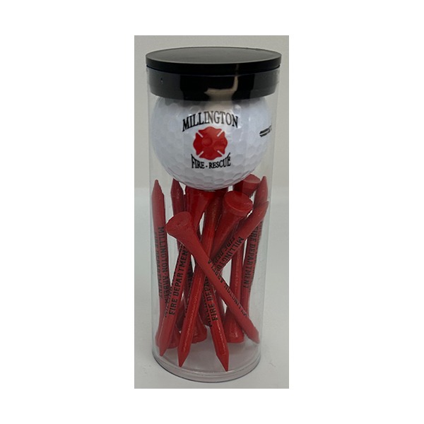 Clear tube with a logo golf ball and red golf tees