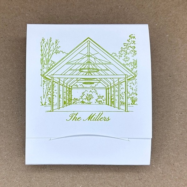 Custom matchbook printed with a green wedding venue design