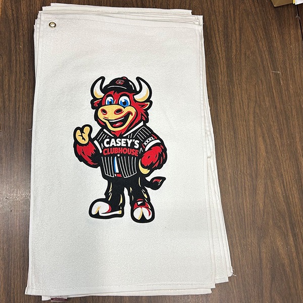 White custom printed golf towel with a full-color mascot