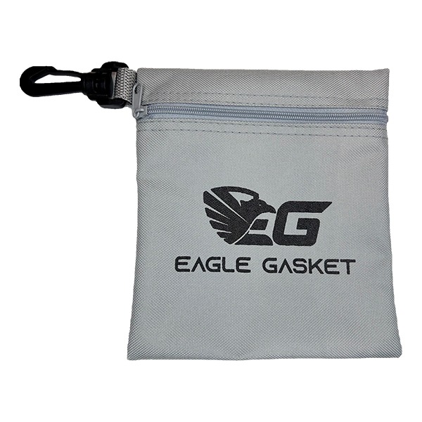 Gray zippered golf pouch with a printed logo and clip