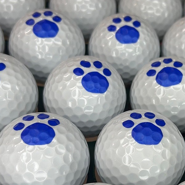 Personalized golf balls printed with a blue pet paw design