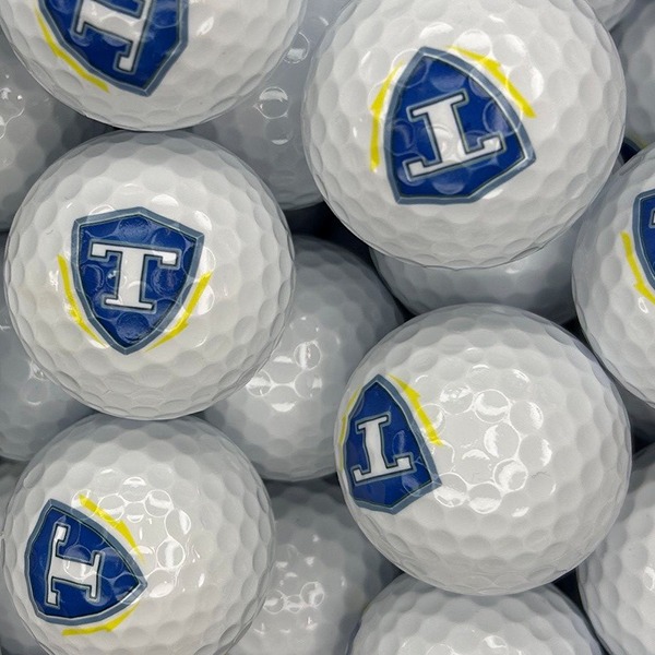 Custom logo golf balls featuring a blue and gold shield design