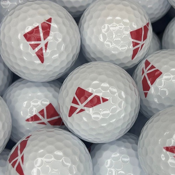 Custom logo golf balls printed with a red geometric design