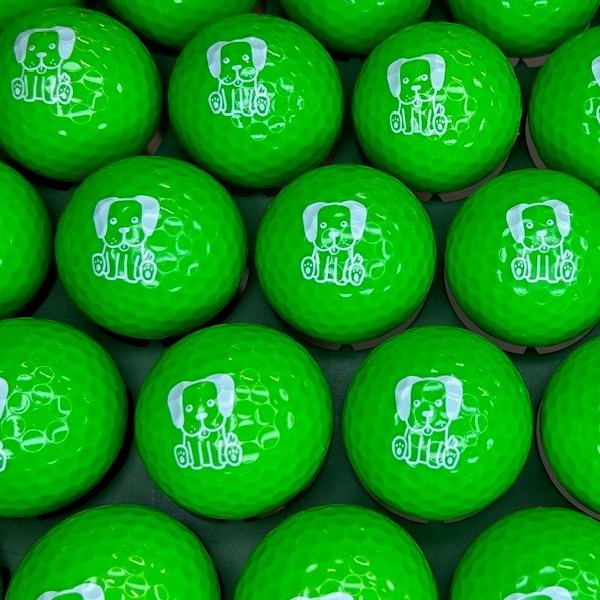 Lime green personalized golf balls printed with a white dog design