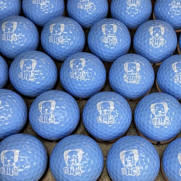 Light blue custom golf balls printed with a white dog design