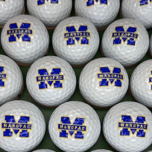Custom logo golf balls featuring blue and yellow organization branding