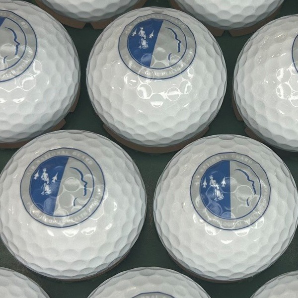 White custom bulk golf balls printed with a blue circular logo