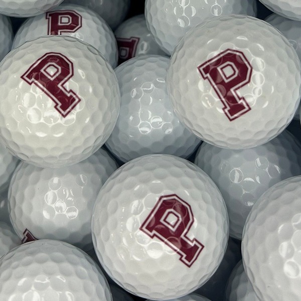 White personalized golf balls printed with a maroon letter P