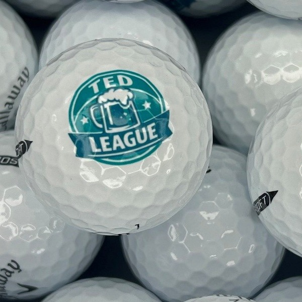 Personalized golf balls printed with a teal league logo