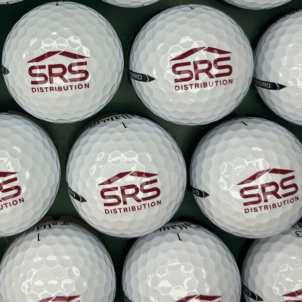 White branded golf balls printed with a red company logo