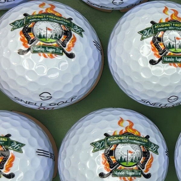 Snell golf balls printed with a full-color firefighter golf outing logo