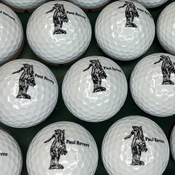 White personalized golf balls printed with a black horse and rider design