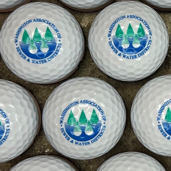 White custom golf balls printed with a blue and green water district logo