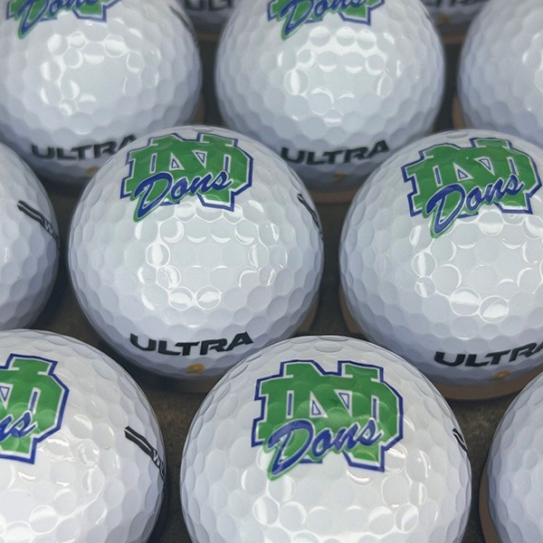 Custom logo golf balls featuring a green and blue printed design