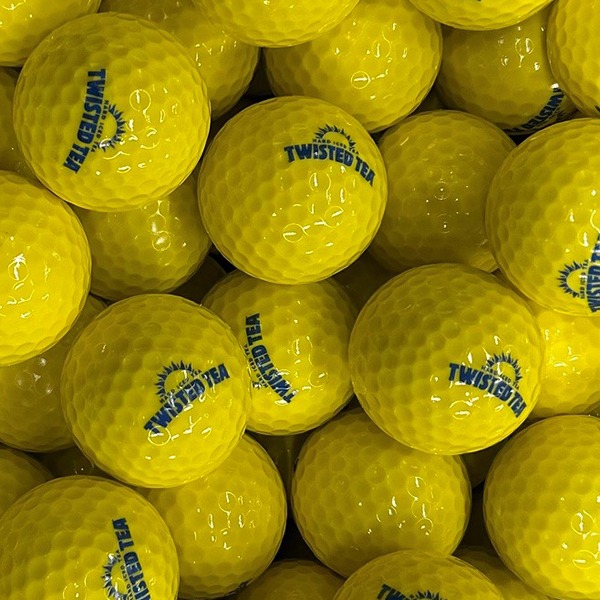 Yellow custom golf balls printed with blue logo artwork