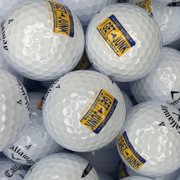 Callaway logo golf balls featuring a custom yellow and blue license plate design