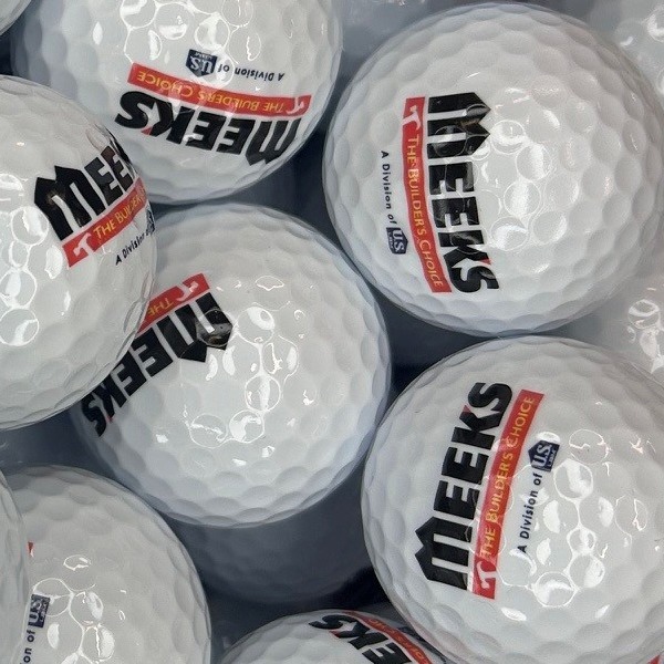 Custom logo golf balls featuring bold black and red company branding