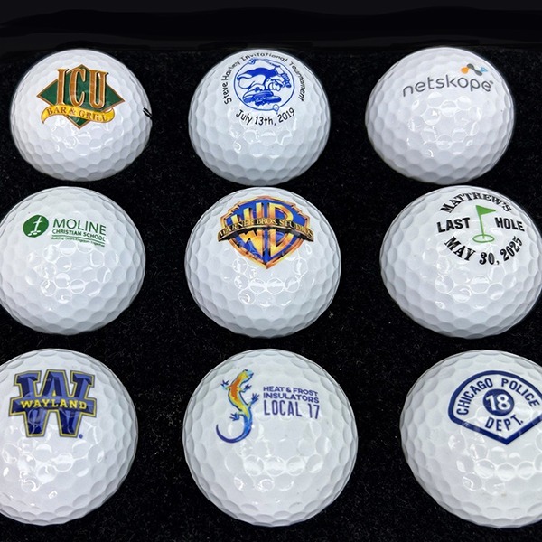 Custom logo golf balls featuring assorted organization and event designs