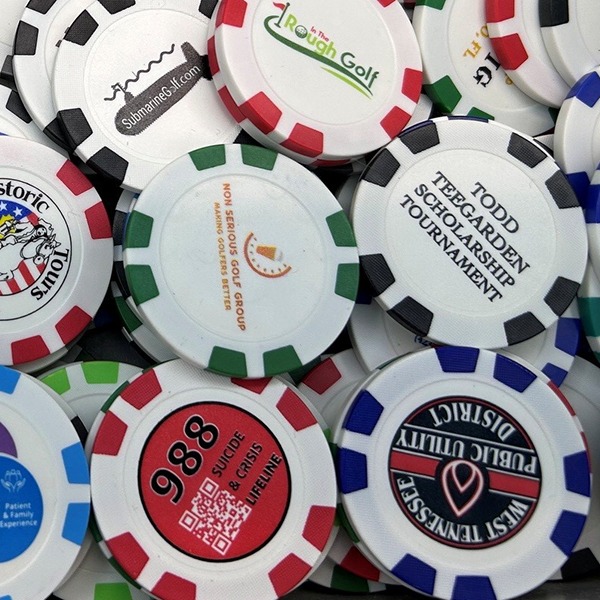 Personalized poker chips in assorted colors featuring custom logos and event designs