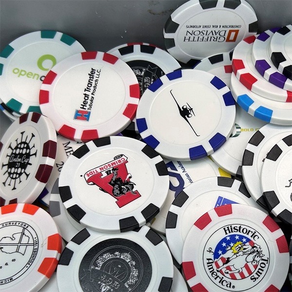 Customized poker chips in assorted colors with business and event logo designs