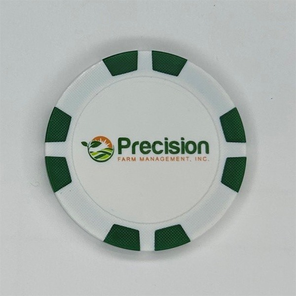 Green and white personalized poker chip printed with a full-color company logo