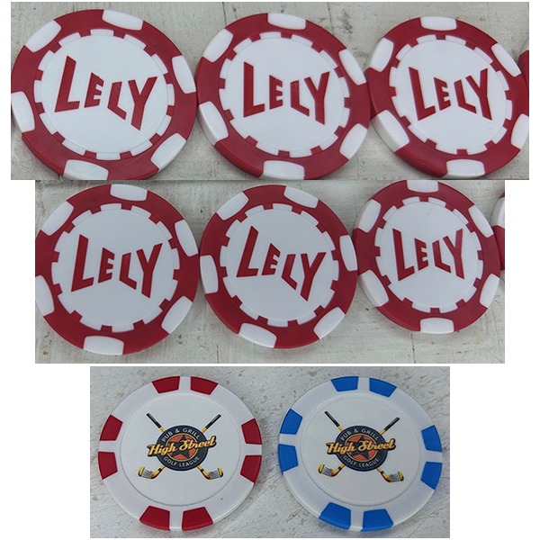 Red, white and blue custom poker chips featuring personalized logo designs